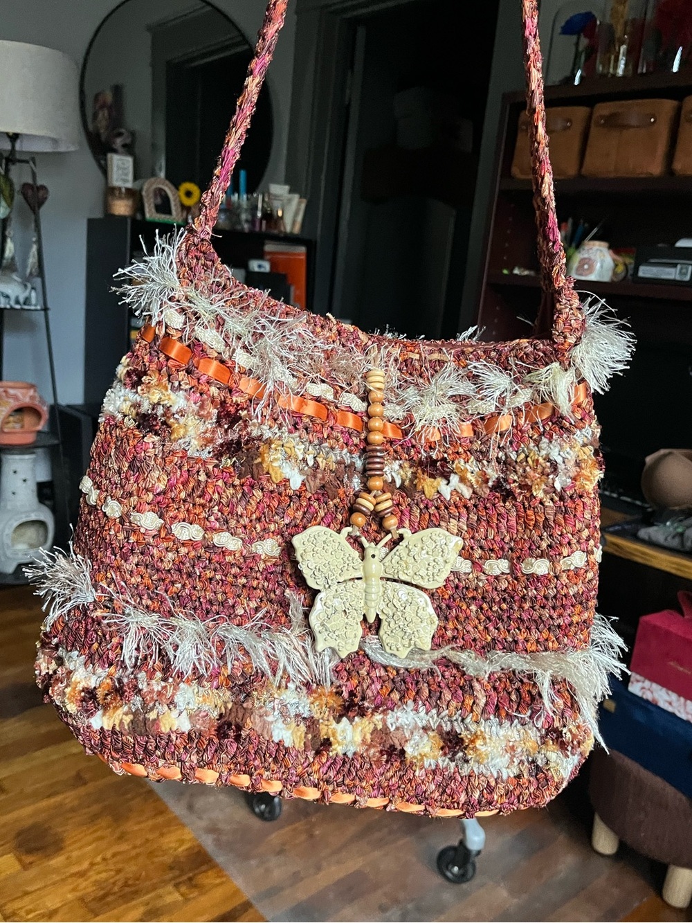 Handmade Boho Butterfly Accent Shoulder Bag - Rust/Orange/Cream/Brown